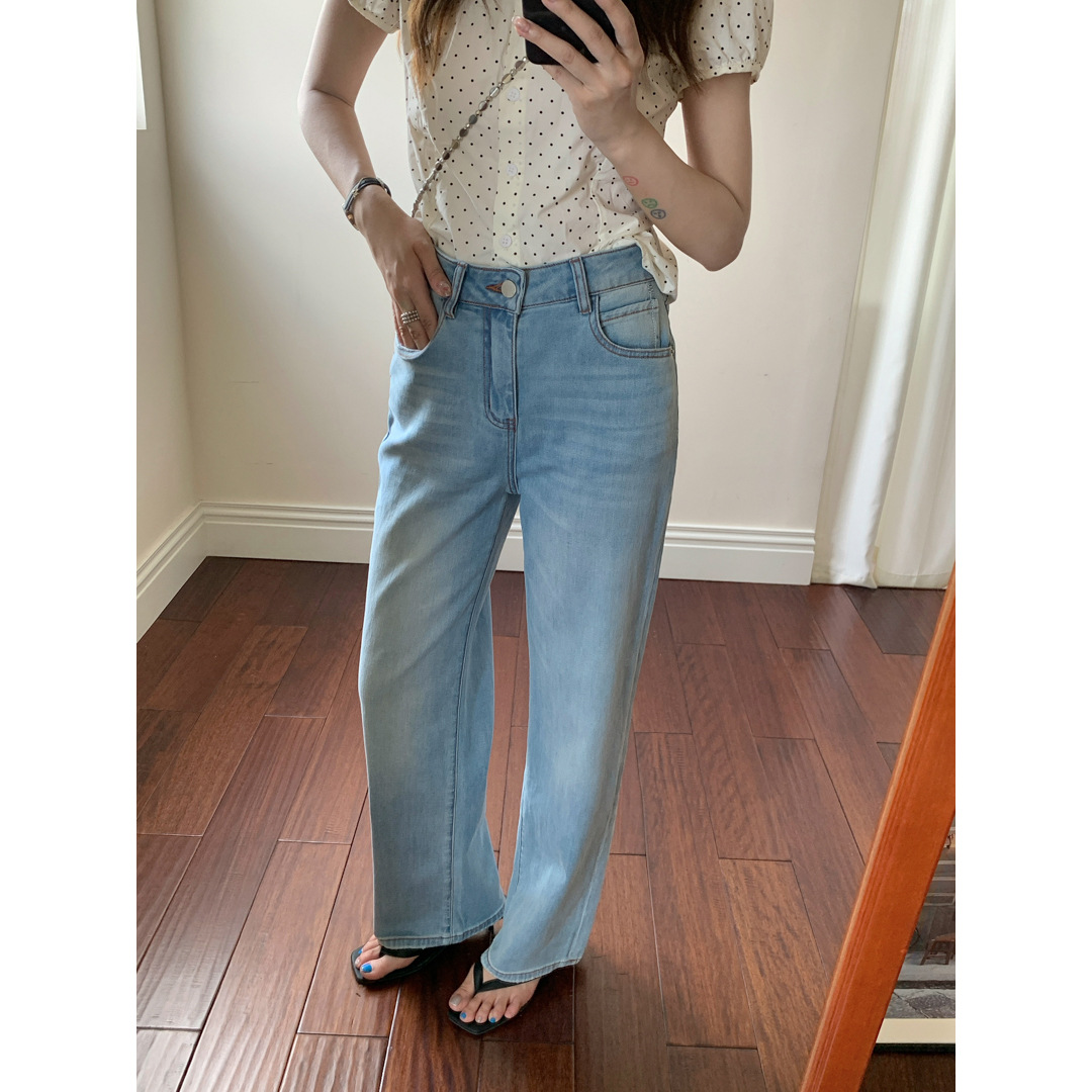 GAGD Linen Tencel high-waisted straight-leg jeans for women, summer stretch, slimming, loose, petite straight-leg 9-inch pants Item Picture