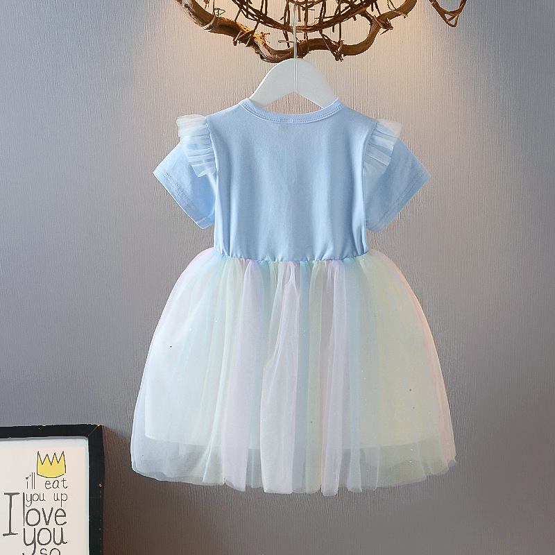 The 2021 summer new children's cartoon dress, rainbow mesh chiffon dress, is now available details Picture