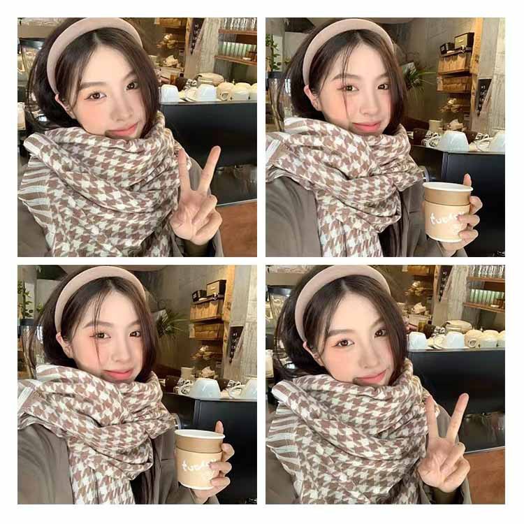 Little Red Book Scarf Women's Winter Warm Couple Knitted Checkered Bib Korean Version Of Everything Fringe Against Color Thousand Bird Lattice Specification drawing