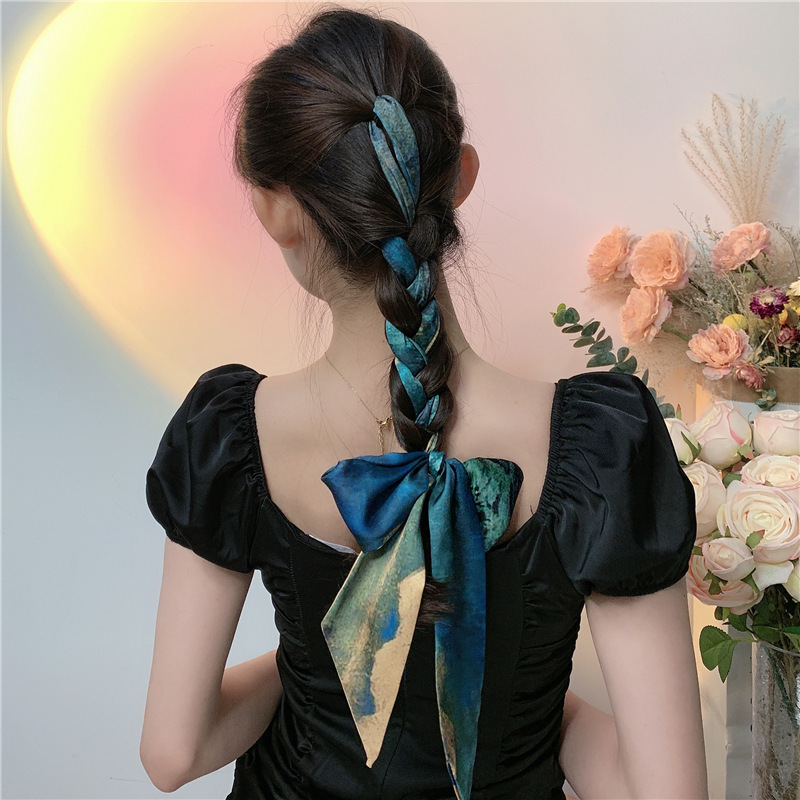 Only This Green National Style Retro Thousands Of Miles Jiangshan Small Silk Scarf Female Korean Version Of A Long Ribbon Tied Hair Band Hair Accessories details Picture