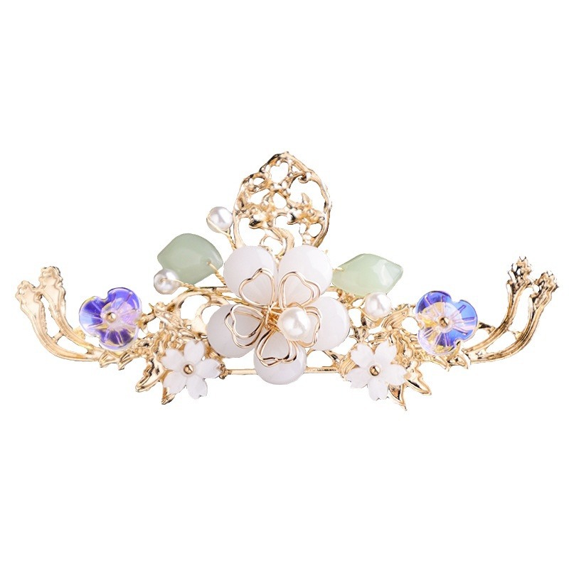 宋锦/老母凤冠头饰/树脂仿猫眼戒面/发饰/生日快乐金色银色绶带白底实物图