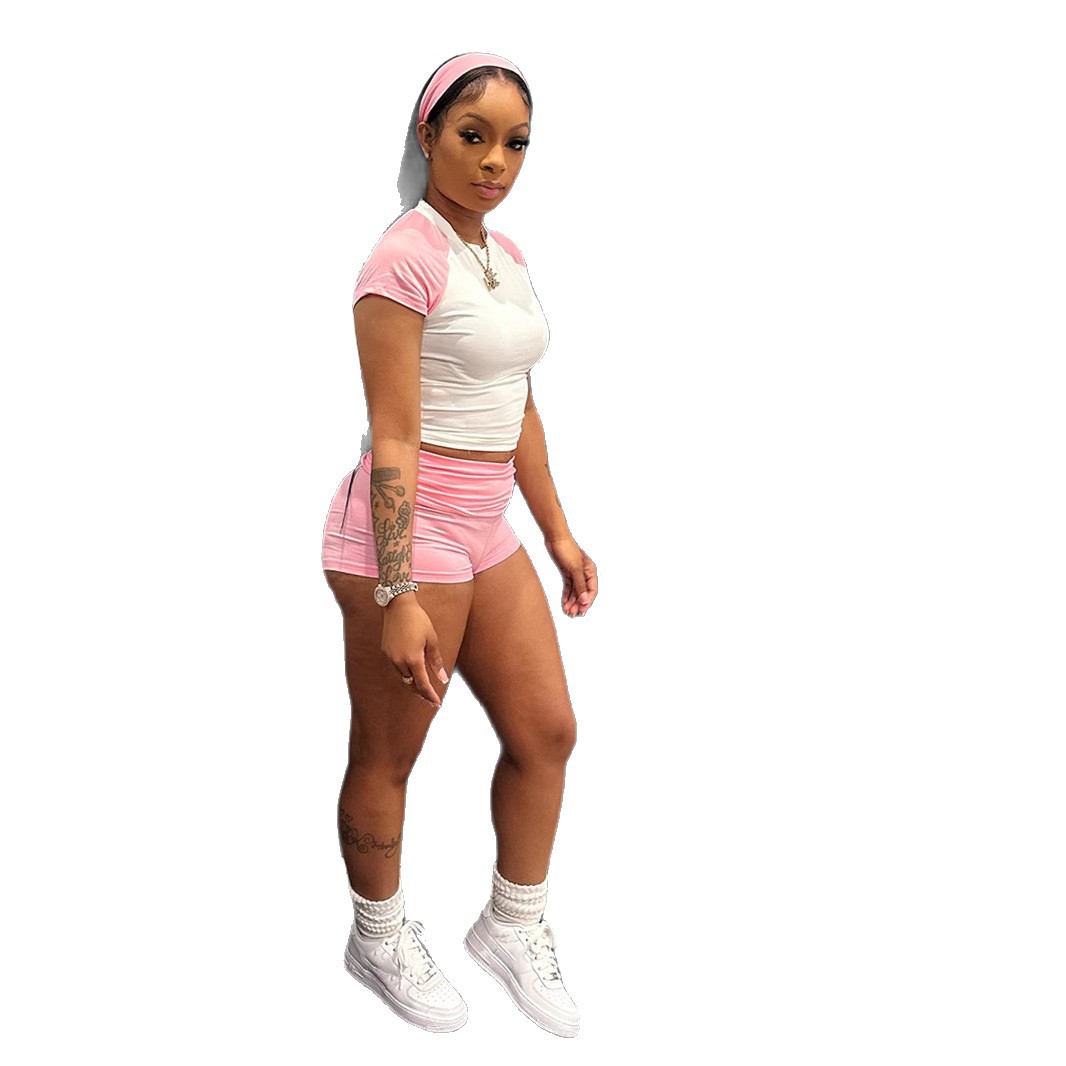 TW733 European and American cross-border street Hot Girl off-the-shoulder color-matching short-sleeved T-shirt High-waisted shorts Casual sportswear Set with hair band Item Picture