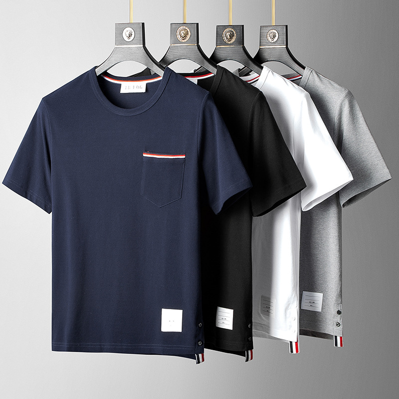 TB trendy brand pocket striped pure cotton summer round-neck short-sleeved T-shirt business casual trendy men's couple outfits