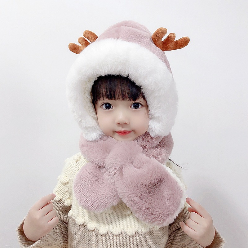 Winter children's hat and scarf integrated, thick, warm, plush, cute baby, antler ear-protecting hat for girls details Picture