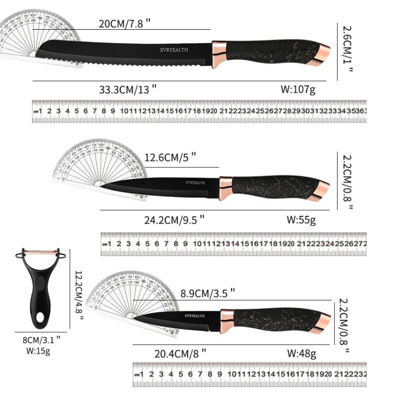 Marble Knife Set Kitchen Rose Gold Revolving Square Seat 7 89-Piece Black Steel Gift Knife Cross Border Cutter details Picture