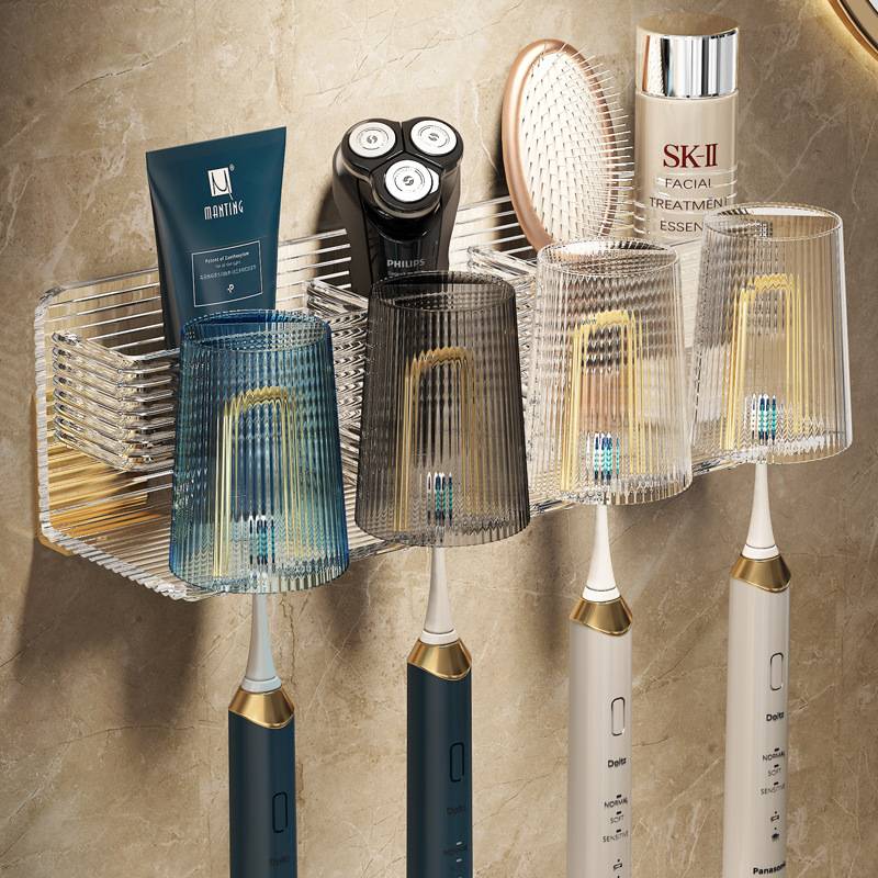Transparent light luxury toothbrush rack, non-perforated acrylic bathroom mouthwash cup and tooth cup, wall-mounted storage box, electric