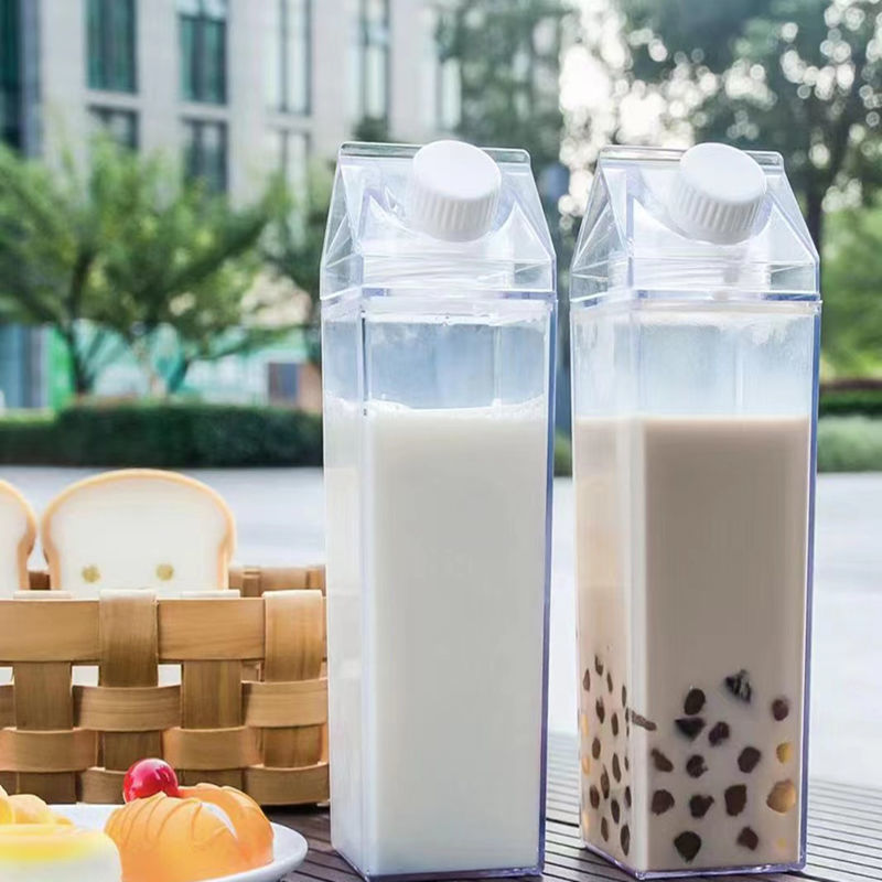 牛奶杯方型可旋转密封保鲜牛奶储存瓶子透明奶茶桶网红果汁饮料杯