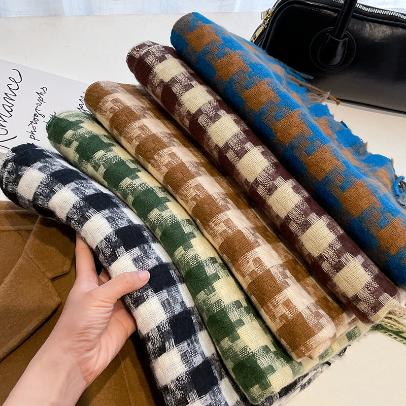 Korean Plaid Scarf Female Autumn Winter Gentle Day Imitation Cashmere Long Scarf Sweet Beauty Plaid Couple Warm Neck Specification drawing