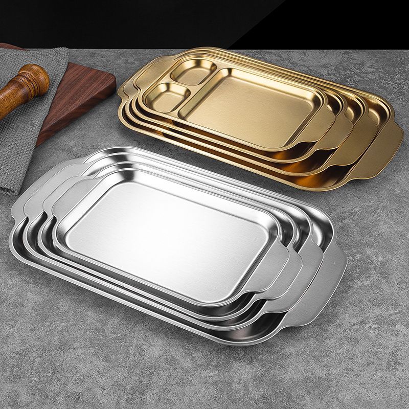 Korean-Style Stainless Steel Partitioned Barbecue Plate, Golden Double-Eared Square Plate, Flat Base, Restaurant Sushi Square Tray, Shallow Plate Specification drawing
