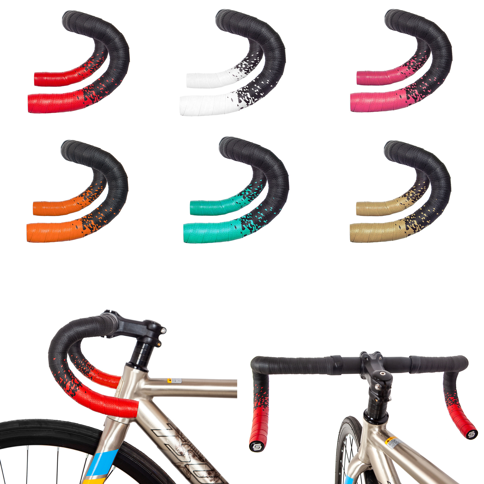 Cross-border gradient color road handlebars with anti-slip and shock-absorbing fixed flying two-color bicycle curved handlebars and leather breathable handlebars details Picture