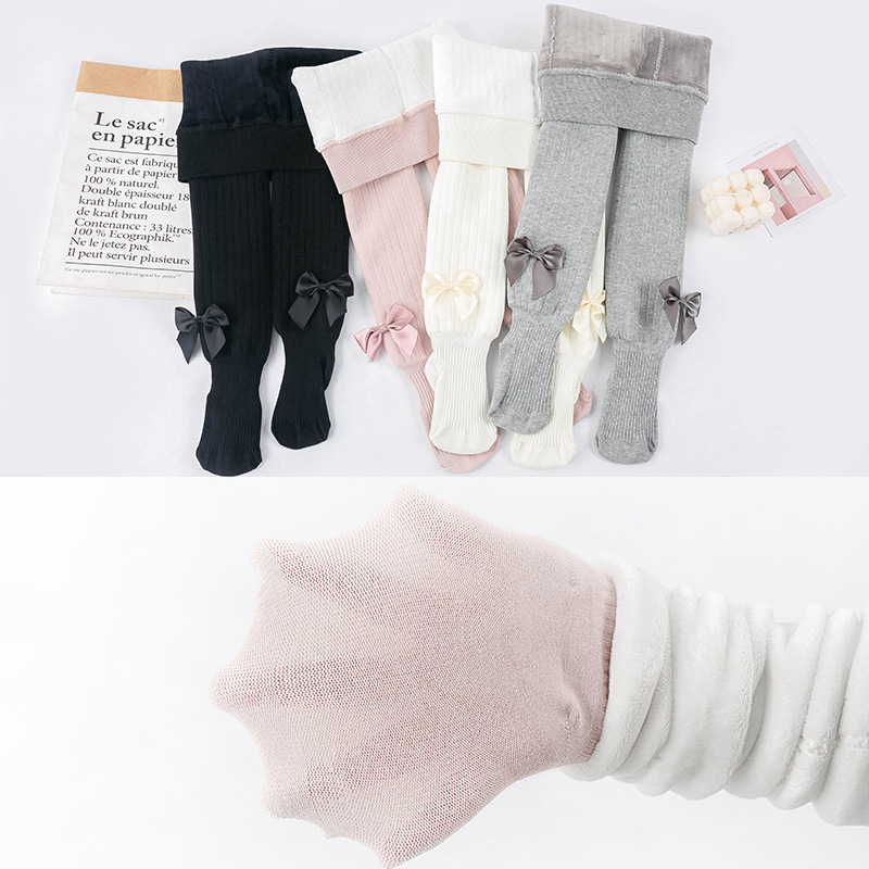Big Pp Baby Children Autumn And Winter Vertical Stripes With Fleece Thickened Bow Leggings Girls Pantyhose With Stopper Pants details Picture