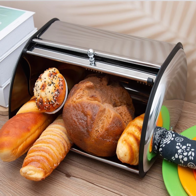 Stainless steel visible bread box, European-style drum-shaped dust-proof display cabinet, pastry and fruit storage box, multi-functional storage box