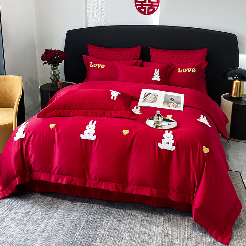 厂家批发婚庆刺绣四件套床上用品床单被套床笠款红色喜庆结婚套件