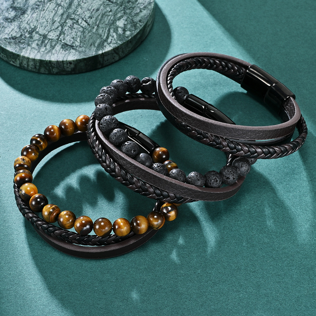 Europe And The United States Hot Titanium Steel Men's Multi-Layer Volcanic Stone Woven Leather Bracelet Creative Tiger Eye Stone Personality Magnetic Buckle Bracelet Item Picture