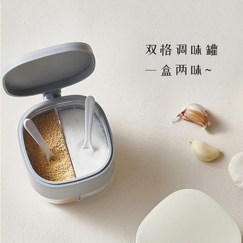High Quality Kitchen Seasoning Box Home Double Compartment Large Capacity High Appearance Level Seasoning Pot Delivery Spoon Color Matching Fashion Belt Handle details Picture