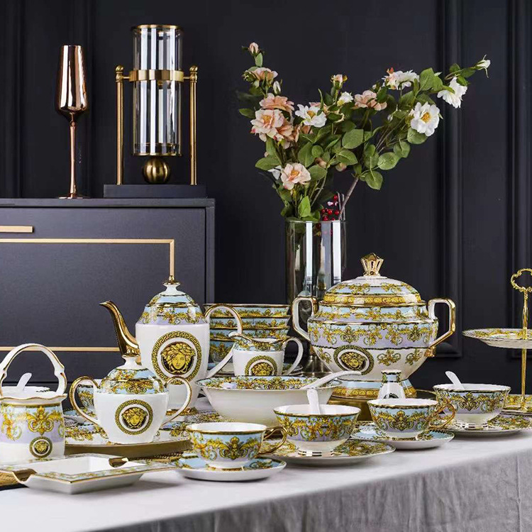 陶瓷餐具套装礼品渐变范景德镇高温碗碟镶金盘子餐具家用套装