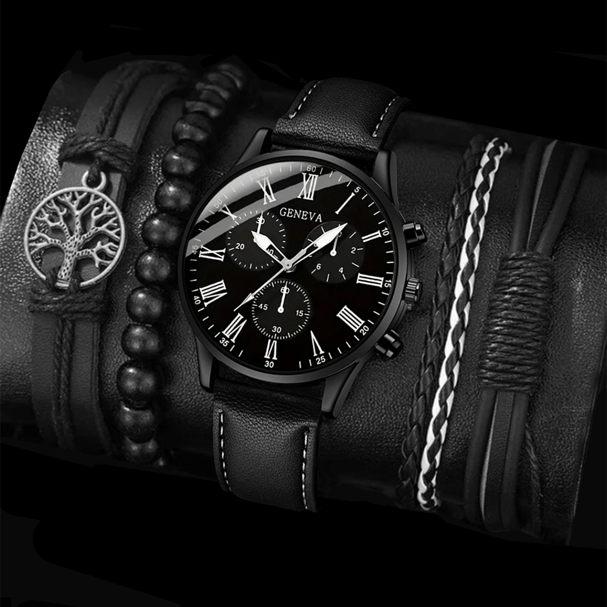 新款外贸爆款男士三只眼商务休闲时尚潮流皮带石英手表加编织手链