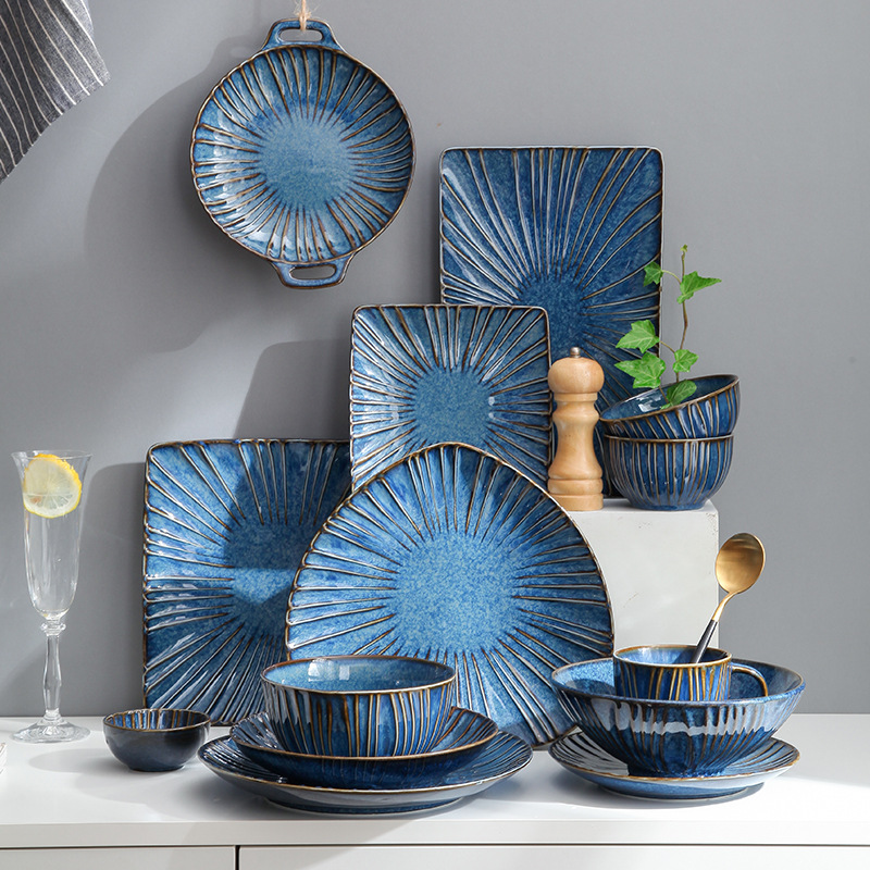 新款北欧创意碗碟陶瓷盘浮雕家用个性复古餐厅果盘餐具面盘