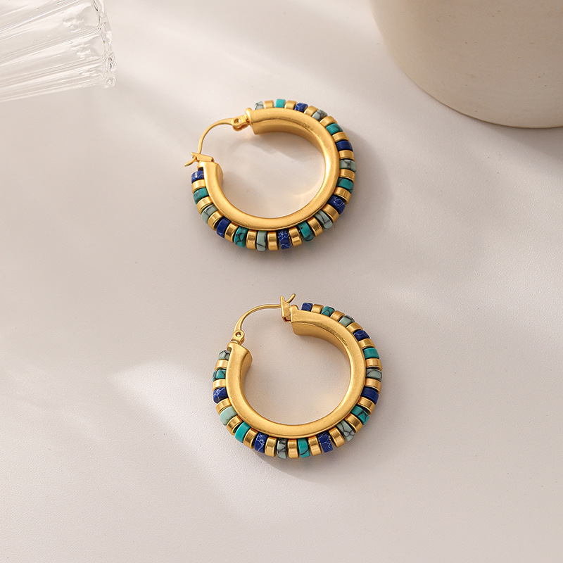 vintage, niche design sense, hand-beaded turquoise earrings, high-end and elegant, natural stone earrings