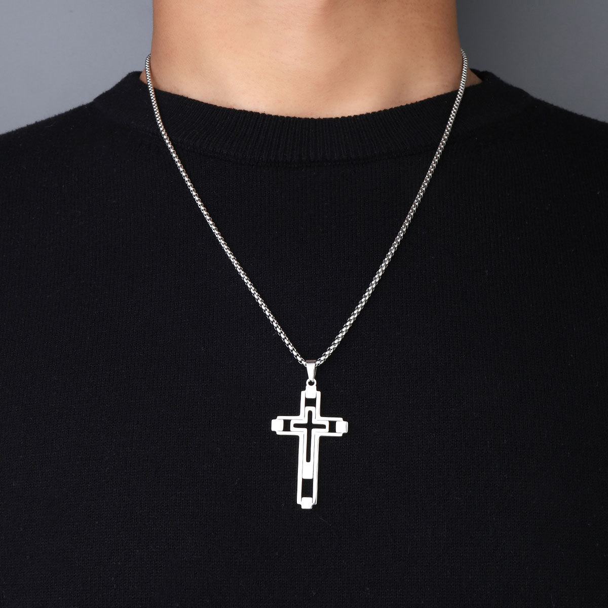 Titanium Steel Hipster Cool Cross Skull Necklace Unisex Stainless Steel Hip Hop Non-Fade Sweater Chain For Men And Women details Picture
