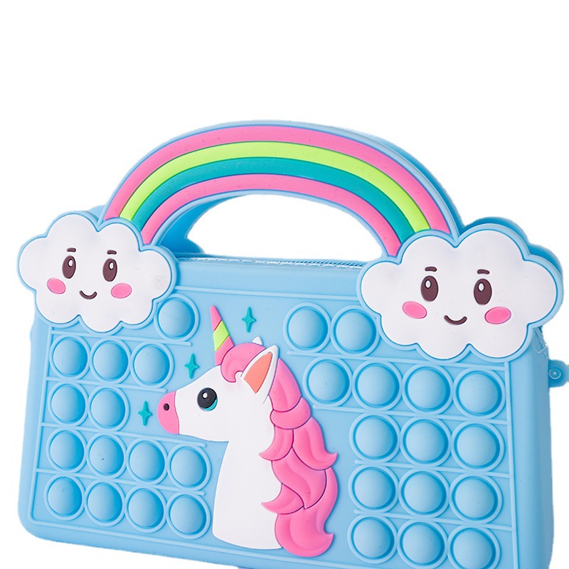 New rat Killer Pioneer solid-color silicone children's coin purse, rainbow hand-held double-sided bubble shoulder strap bag, in stock, stress-relieving bag toy Item Picture