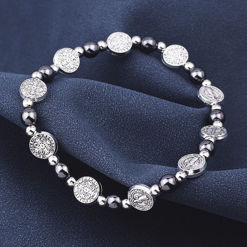 Europe And The United States Cross-Border Foreign Trade Temu Hot Selling Retro Cross St. Benedict Black Gallstone Elastic Bejeweled Bracelet Men And Women's Baptism Bracelet Couple Gift Manufacturers Wholesale