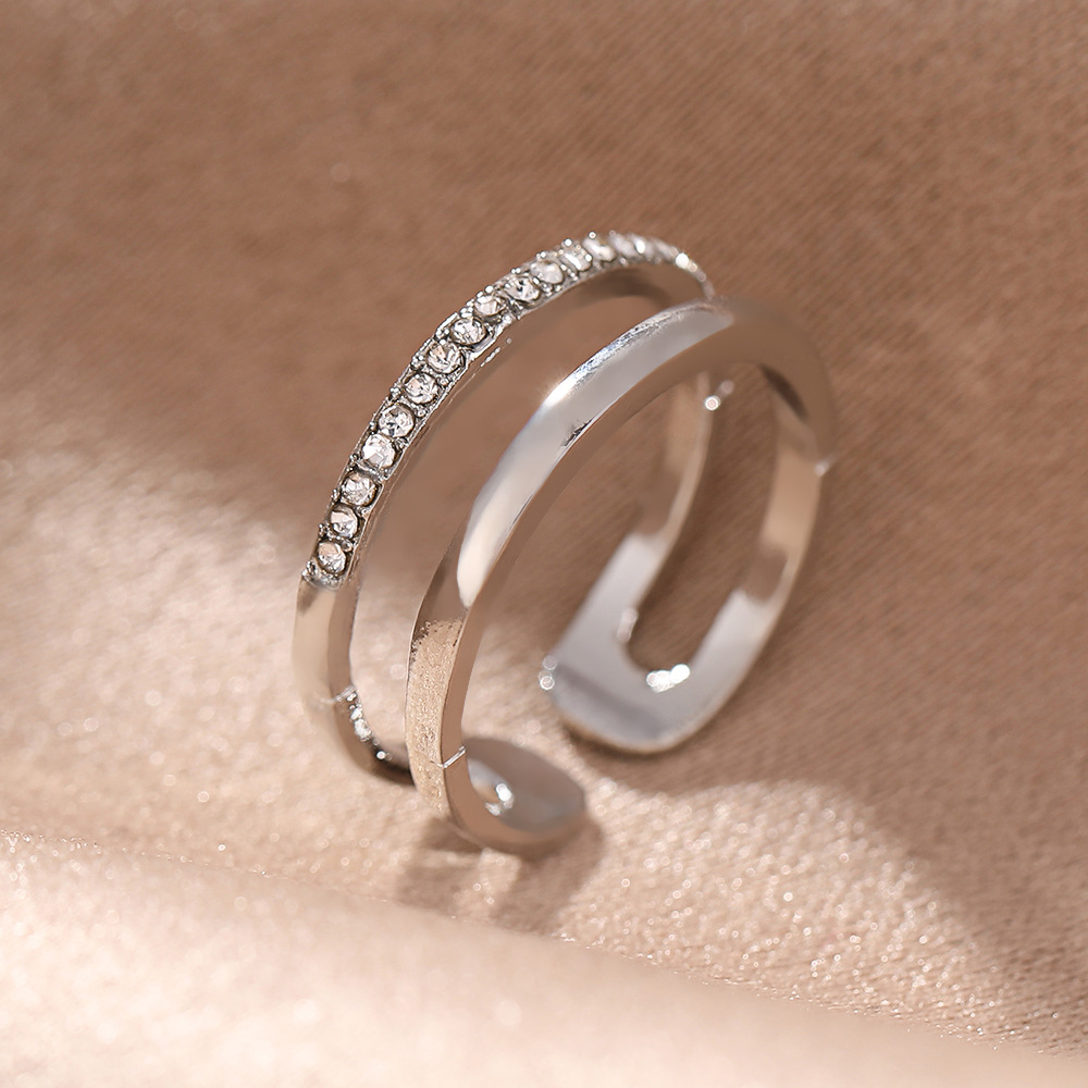 Kimoj's New 2025 Ring, A Women's, Japanese And Korean, Light Luxury, Niche Design, Internet-Famous Sparkling Diamond Double-Layer Adjustable Opening Index Finger Ring Item Picture