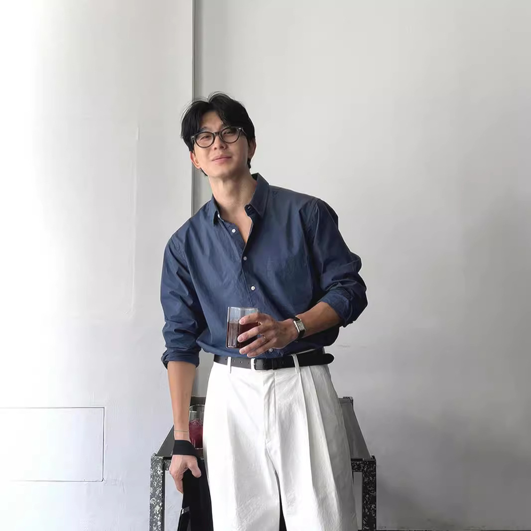 American vintage cotton and linen shirt for men, European brand loose, sun-protective long-sleeved, pleated and textured linen workwear shirt