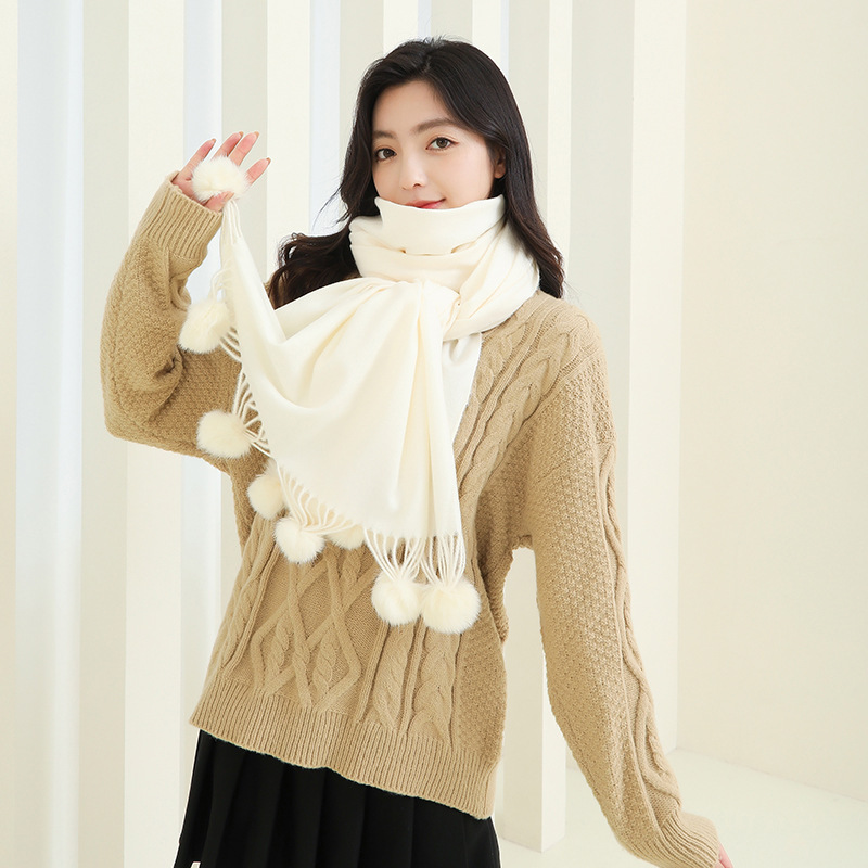 Girls Cute Imitation Cashmere Scarf Female Winter Warm Solid Color Large Rabbit Hair Ball 2024 New Scarf Shawl Wholesale Application Scenario