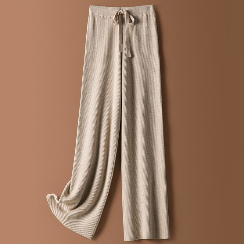 New women's wool knitted wide-leg pants for autumn and winter 2023, stretched-waist drawstring floor-length pants, loose and slimming straight-leg pants Specification image