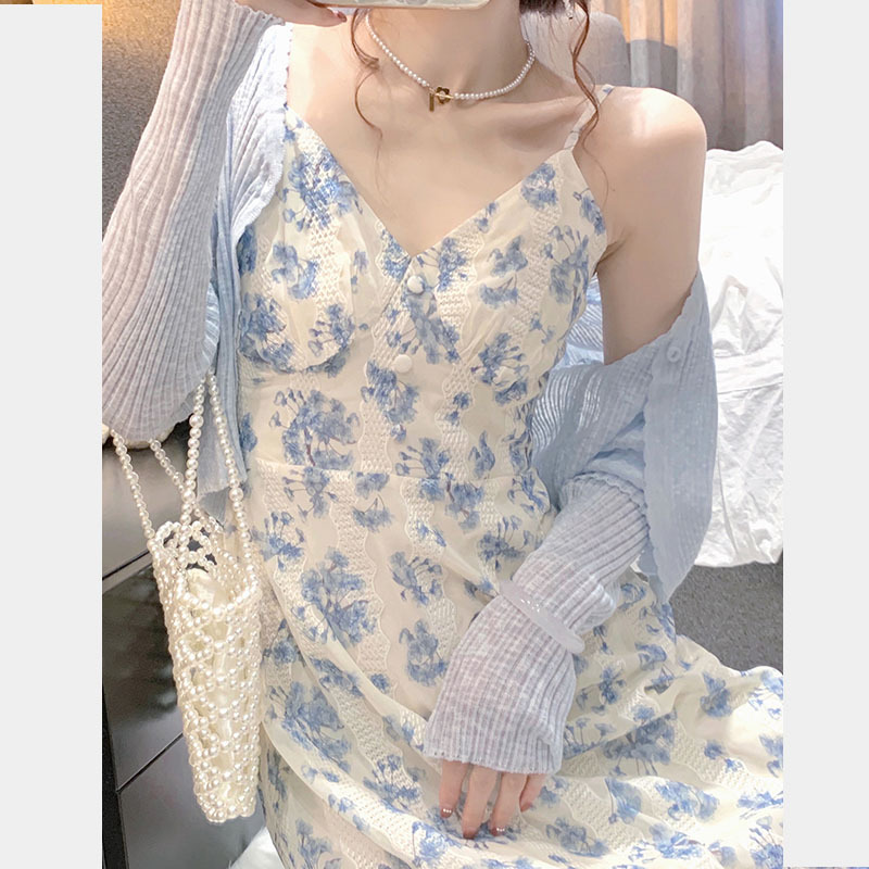 2022 New French First Love High-end blue floral halter dress, a children's trendy and youthful set for Spring and summer Application Scenario