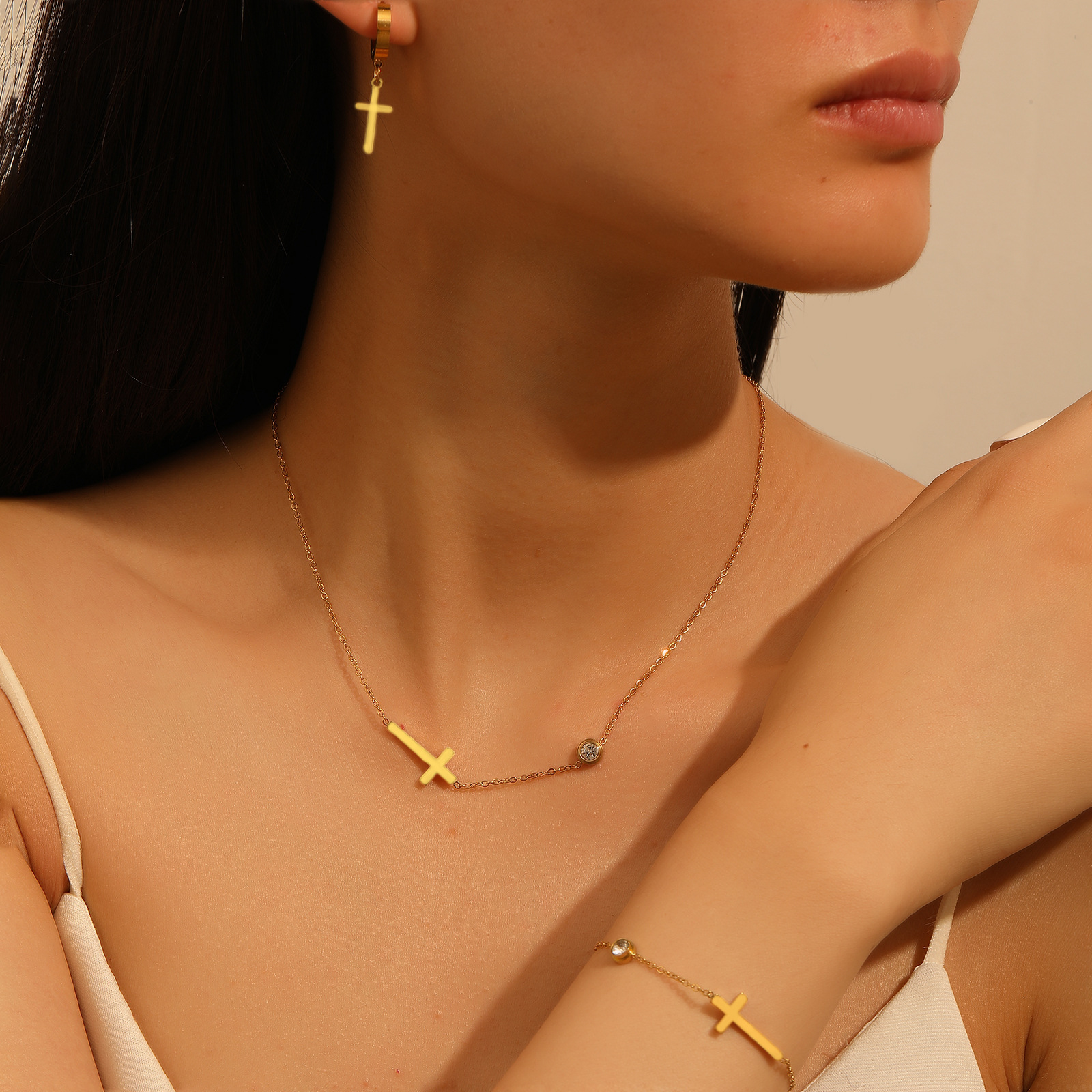 Stainless steel cross jewelry Cross Cross with diamond necklace bracelet bracelet bracelet jewelry set thumbnail