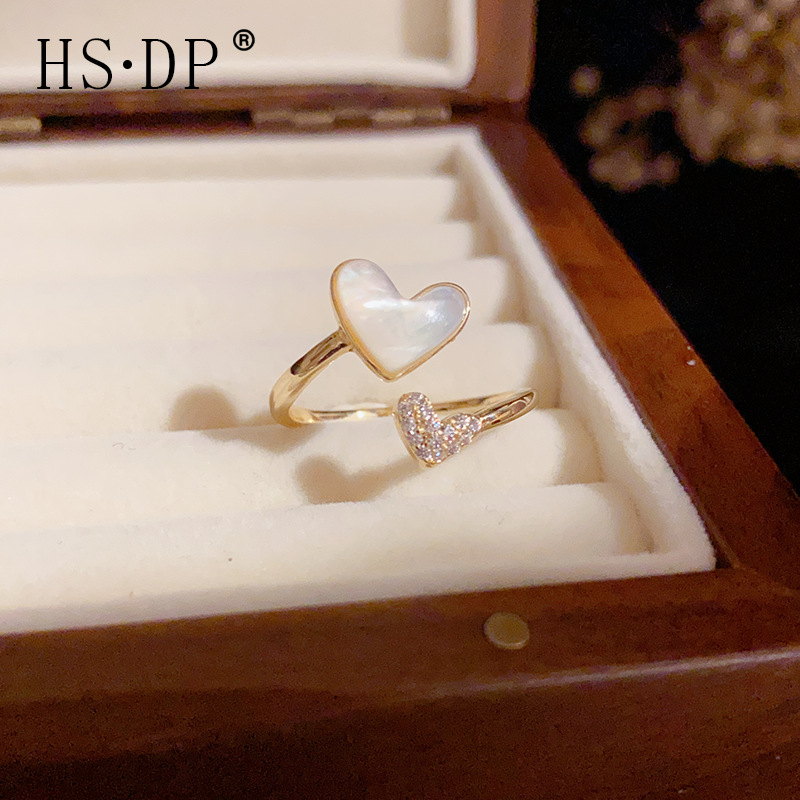 Sweet, cute, high-end, light luxury shell heart-shaped opening ring, a unique, fashionable and trendy, cold style jewelry for women