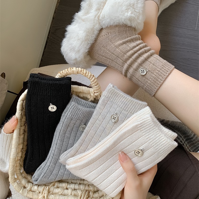 Winter thickened socks Japanese-style Korean sewn button double-needle vertical stripe thickened warm wool socks Instagram Korean-style pile socks