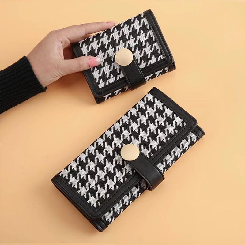 New Fashion Women's Clutch Bag Three Fold Thousand Bird Plaid Canvas Long Coin Purse Classic Retro Multi-Functional Wallet Specification drawing