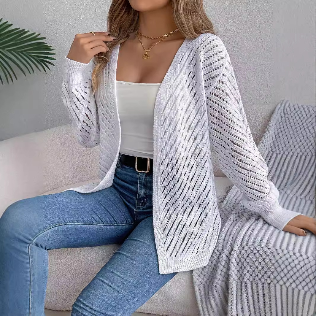Ins-style real photos of autumn and winter European and American casual solid-color hollowed-out long-sleeved cardigan sweater coat, independent station cross-border women's clothing Specification image