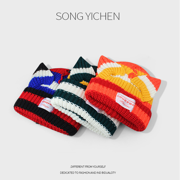 Autumn And Winter Color Contrast Cute Cat Ears Woolen Hat Children Thickened Warm Knit Hat Ear Heaps Heaps Hat Specification drawing