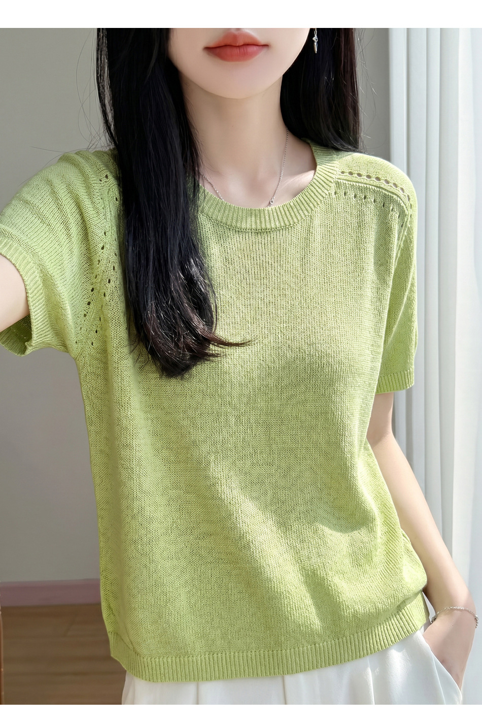 Spring/Summer 2026 new Tencel linen one-piece ready-to-wear round-neck knitted sweater short-sleeved solid color hollowed-out T-shirt top pic 22