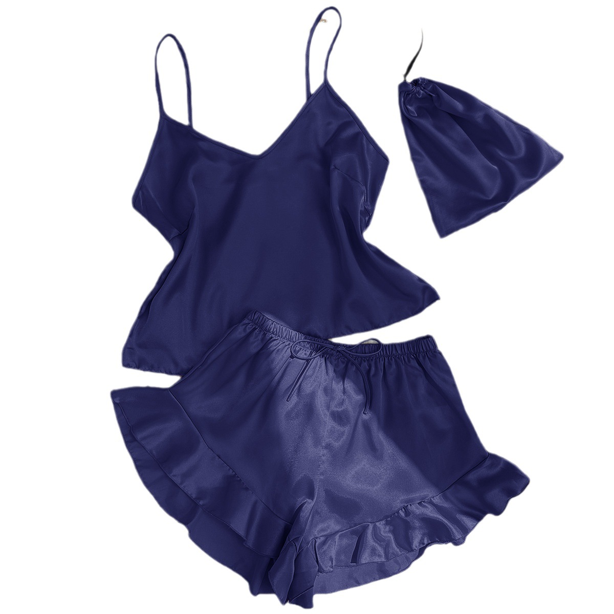 YANNI fashion ice and snow silk pajamas, women's summer sexy halter tops, short pants, three-piece set, thin women's home wear, sleeping skirts, export wholesale to the Middle East and South America Item Picture