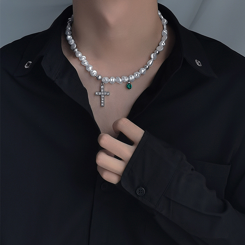 Korean INS cross pearl titanium steel necklace wholesale Ha men and women set titanium steel necklace personality wholesale hair Specification drawing