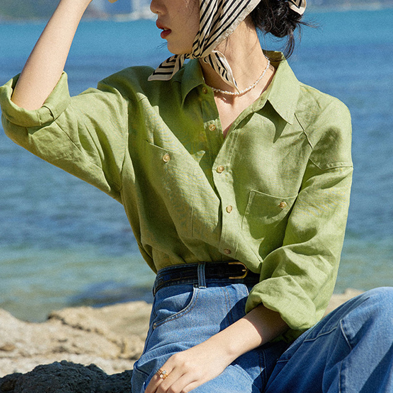美丽的皇帝14支全亚麻绿色长袖盐系衬衫女早春新款休闲宽松衬衣