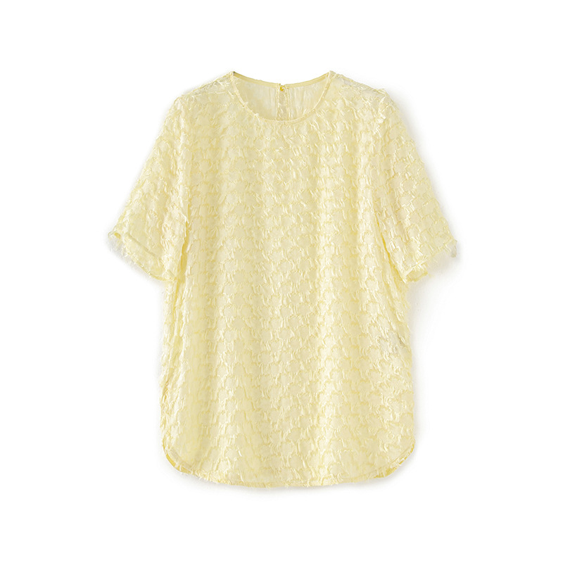 25061010- Elegant round-neck printed silk T-shirt for commuting, loose, fashionable and stylish women's summer top, new style from Nanyou Item Picture