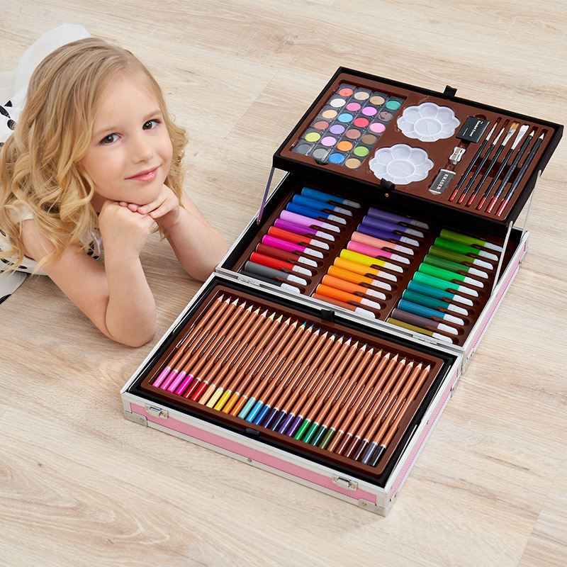 A complete set of painting tools for primary school students and children, including watercolor pens, crayons, and paints, in a gift box 145pc details Picture