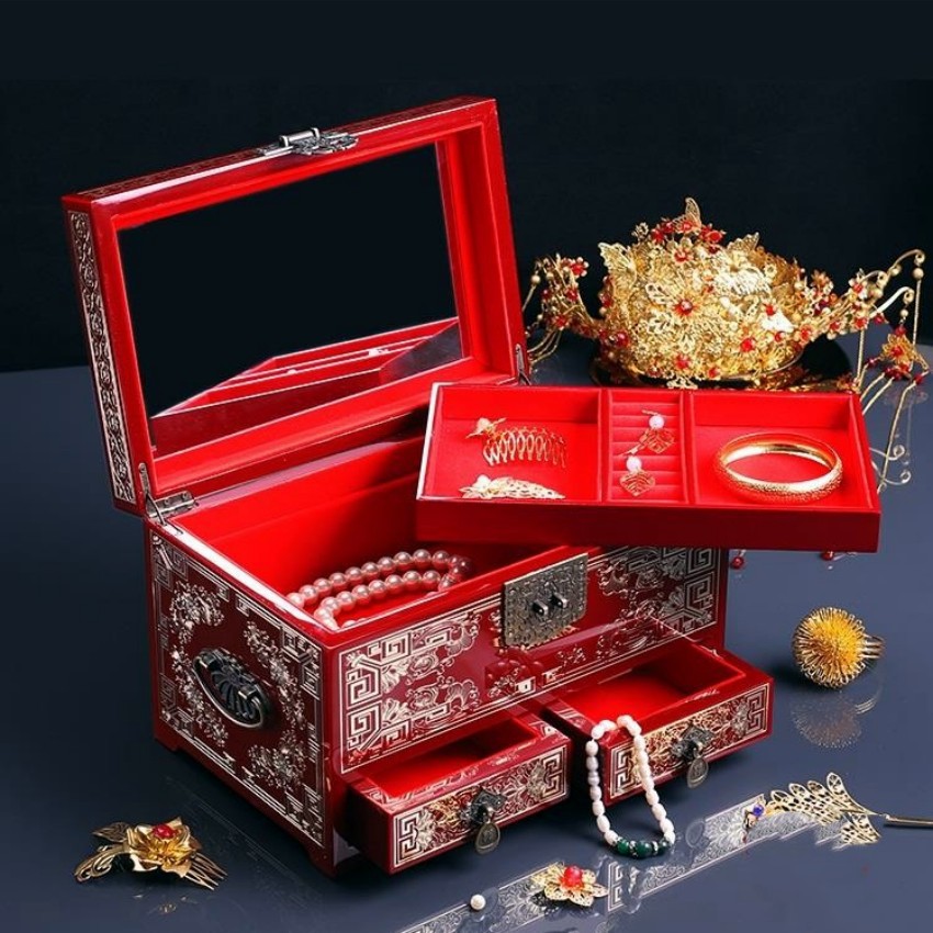 Shell And Mother-Of-Pearl Inlaid Drawer Jewelry Box, Copper Wire Filigree Chinese Lacquerware Jewelry Box, Dragon And Phoenix Auspicious Festive Gold Gift Box details Picture