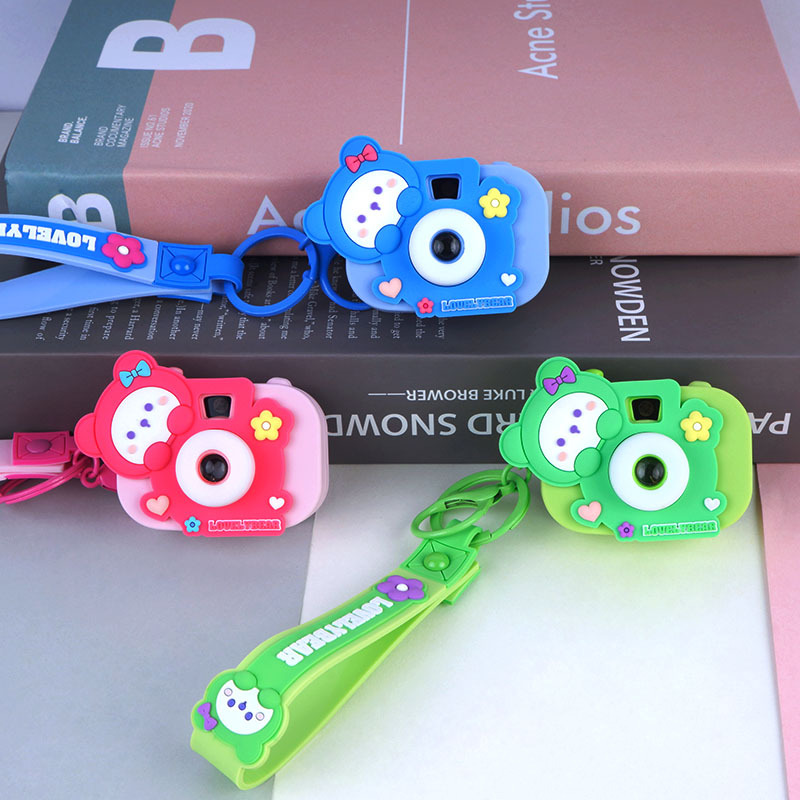 cute soft glue bow tie bear projection camera keychain female car key chain pendant bag hanging decoration small gift