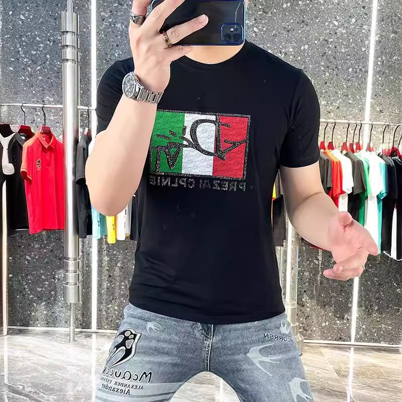 欧洲站长袖轻奢高档新款男士圆领短袖T恤男装薄款亮片印花半袖