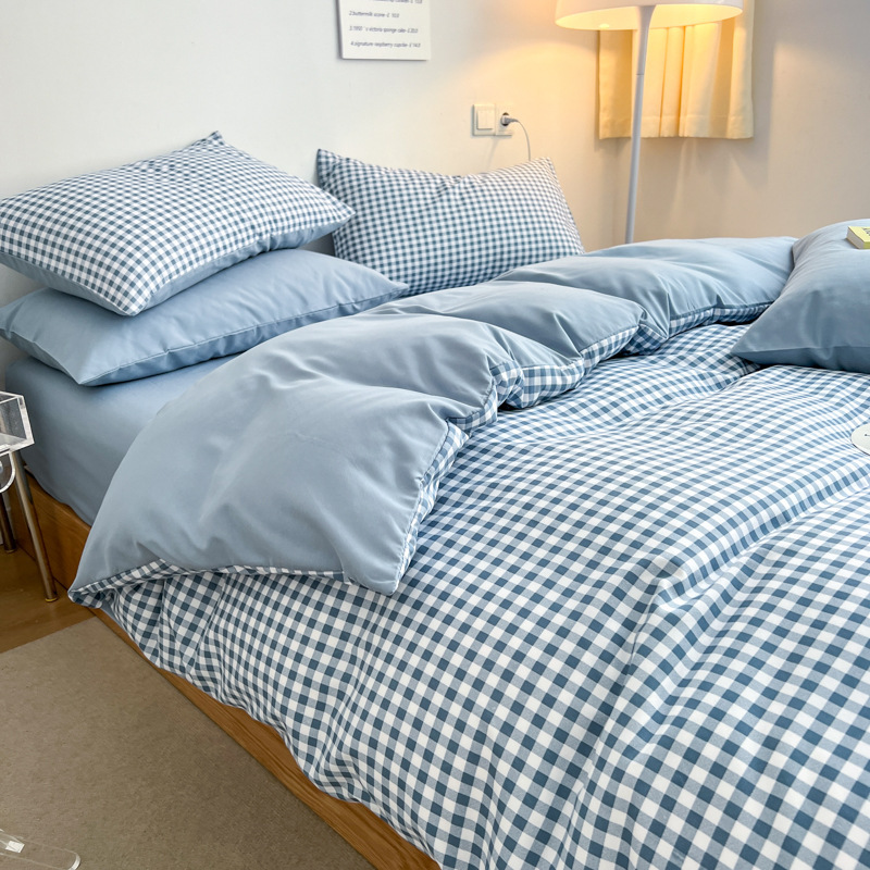 日式无印风水洗棉四件套良品格子床单被套夏季床上用品学生三件套图