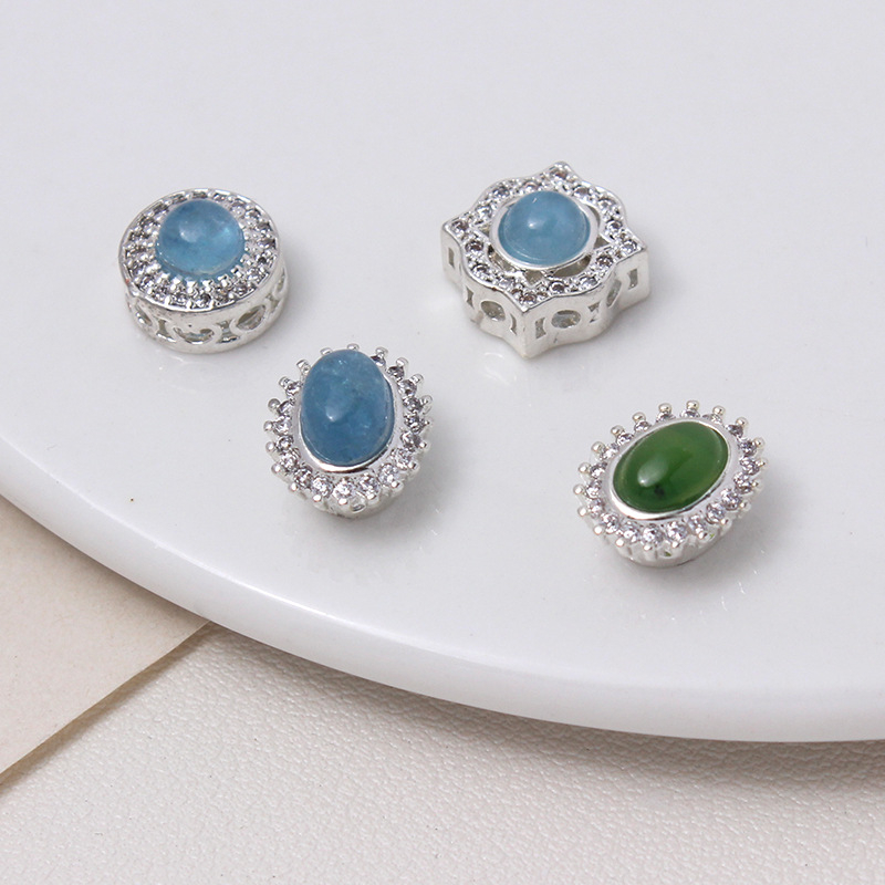 Silver-plated, natural aquamarine, round or oval perforated spacer beads, loose beads diy jewelry bracelet, necklace bead material full figure