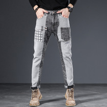 Fall fabric patchwork jeans men's fashion brand slim legs stretch pants men's cargo casual pants