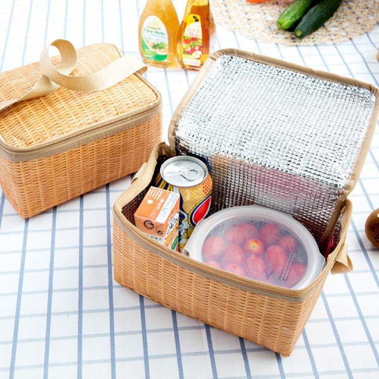 Bento bag, handbag, work lunch box bag, large-capacity Japanese-style lunch bag with rice, rattan imitation bag